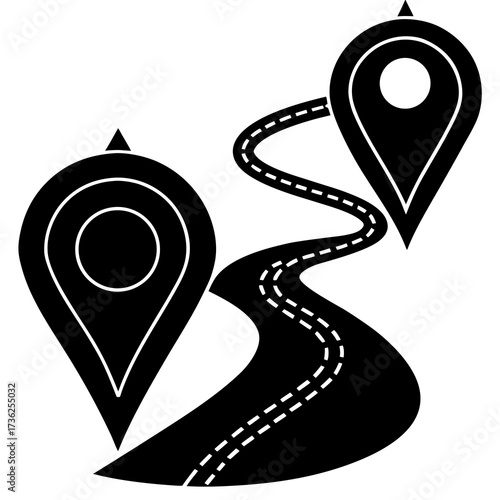 Abstract silhouette of a winding journey or path with two distinct destination markers representing travel navigation or a conceptual route