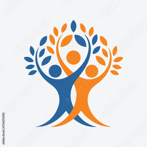 Vector art of stylized tree of life logo with people and leaves, symbolizing growth and collaboration