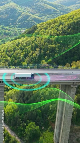 Digital Self-Driving Truck with Autopilot Cargo Trailer on Bridge Road Futuristic Autonomous Car Technology with Artificial Intelligence, Automated Driving System, Robotics, Monitoring, Logistics