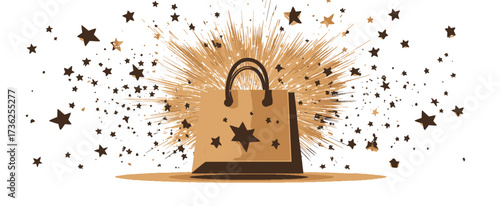 Festive shopping bag illustration with exploding stars, ideal for sale, gift, discount, and celebration marketing design.