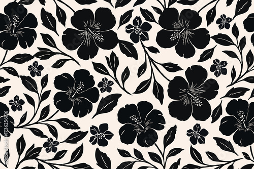 Elegant seamless floral pattern with bold black hibiscus flowers and leafy branches on a soft beige background, perfect for fabric, wallpaper, and modern decor.