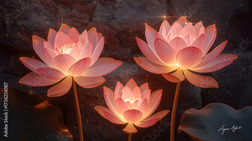 Beautiful glowing lotus flowers with pink petals edged in gold, illuminated by sparkles and magical light against a textured stone wall.