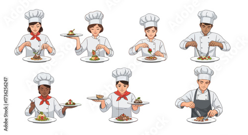 Diverse Cartoon Chefs Preparing and Serving Delicious Desserts.