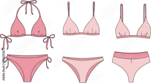 Women's bikini top and bottom styles, fashion swimwear flat sketch, technical apparel design, cad drawing flat vector illustration