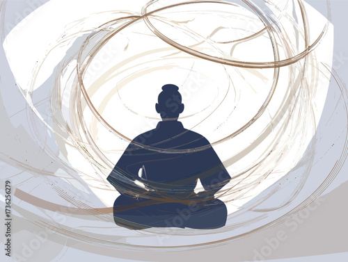 A person sits in a meditative pose surrounded by soothing swirls of color. The setting promotes tranquility and mindfulness, encouraging deep relaxation and focus.