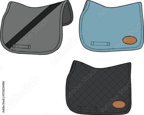 Saddle pad vector set, equestrian gear illustration, horse riding accessories, quilted pad design, cad drawing flat vector illustration