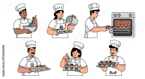 Diverse bakers in chef hats and aprons preparing and presenting baked goods.
