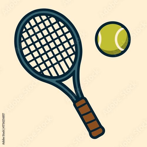 Tennis racket and ball illustration in a simple and sporty design on a light background