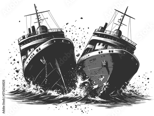 Dramatic black and white illustration of two large cargo ships colliding violently at sea, maritime disaster, ocean accident, wreckage and splash.