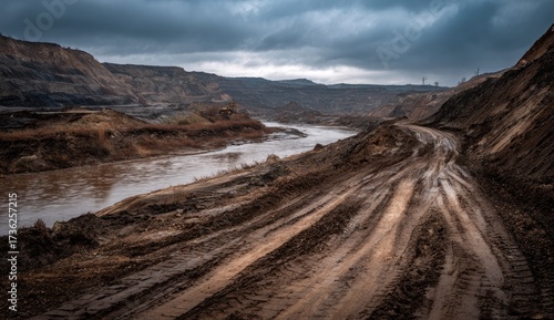 Muddy dirt road next to a brown river under a cloudy sky in an industrial landscape