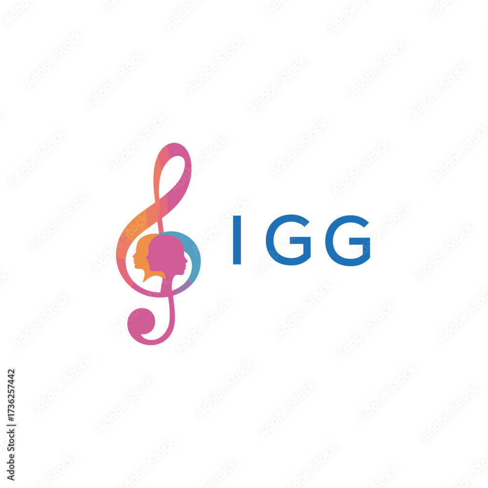 Fototapeta premium “Creative music logo with human silhouettes and treble clef in gradient colors, IGG Later Logo, modern artistic design isolated on white background” 