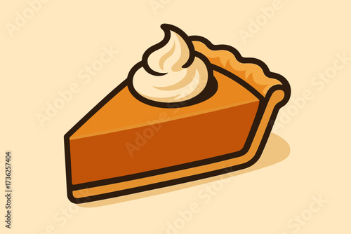 Slice of pumpkin pie with whipped cream on a light background in a playful illustration style