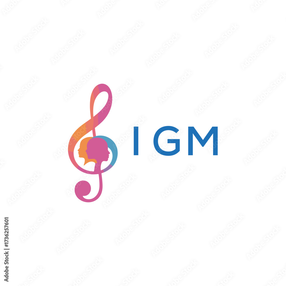 Fototapeta premium “Creative music logo with human silhouettes and treble clef in gradient colors, IGM Later Logo, modern artistic design isolated on white background”