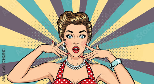 A retro pop art illustration of a surprised woman holding her face, with a burst background.
