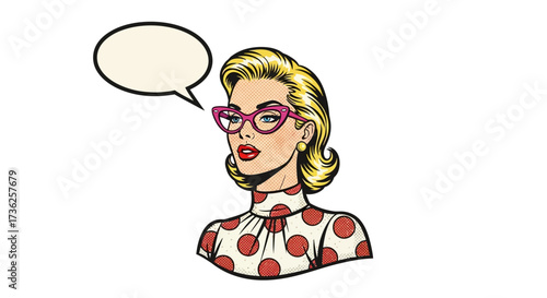 A retro illustration of a woman with blonde hair, wearing glasses, and a thought bubble.