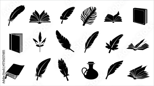 Collection of vintage writing tools and books vector icons, featuring elegant quill feathers, open and closed ancient books, and an ink bottle, isolated on white.