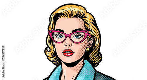 Pop art style illustration of a woman with blonde hair wearing pink glasses and a blue shirt.