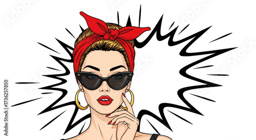 A stylish woman in sunglasses and a red headscarf, pondering a thought bubble.