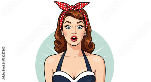 Cartoon woman with surprised expression, wearing a red polka dot headscarf and a navy blue halter top.