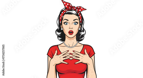 Cartoon woman with a surprised expression, wearing a red top and a polka dot headscarf, hands on her chest.