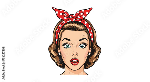 Cartoon illustration of a surprised woman with a red polka dot headscarf, looking directly at the viewer.