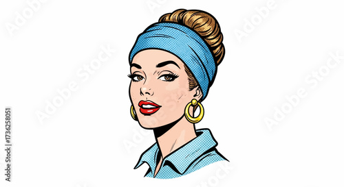 A woman with blonde hair and red lipstick wearing a blue headscarf and gold earrings smiles confidently.