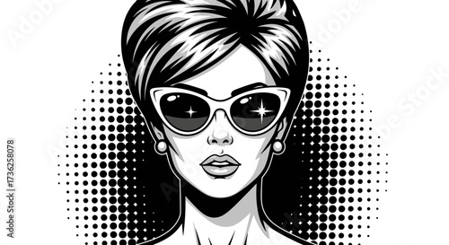 A stylized black and white illustration of a woman wearing sunglasses, looking forward.