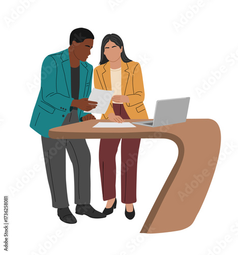 Diverse interracial business couple—African American man and Asian woman in smart casual attire working together at modern ergonomic office desk with laptop and documents, vector