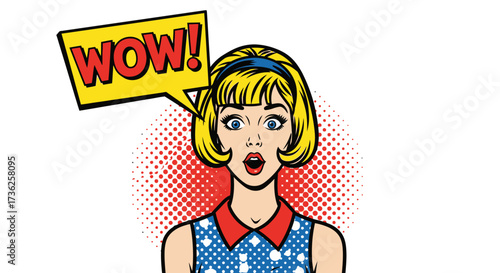 A surprised blonde woman with a speech bubble saying "WOW!" in a pop art style.