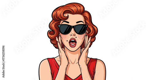 Cartoon woman with red hair and sunglasses expressing surprise or shock, hands near face, mouth open.