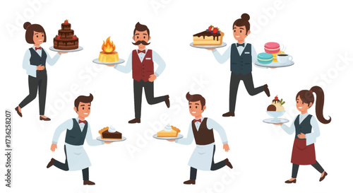 Cartoon Waiters Running with Cakes and Desserts on Trays.