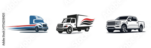 Three types of trucks are displayed, showcasing a large semi-truck, a delivery vehicle, and a pickup truck. Each truck is designed for different transport needs.