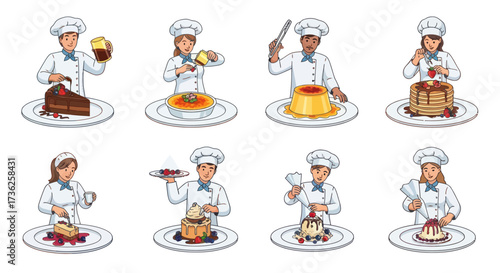 Diverse Chefs Presenting Exquisite Desserts on Plates Wearing Chef Hats and Uniforms.