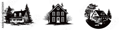 This collection showcases three unique house designs in a black and white style. Each house features its own architectural elements and surrounding nature.