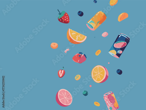 Brightly colored fruits and beverage cans are scattered against a blue background, creating a cheerful and lively scene that evokes summer vibes and refreshment.