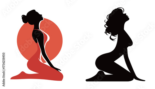 Two elegant silhouettes of women in yoga poses kneel gracefully against a red sun backdrop, capturing a peaceful moment of mindfulness and serenity.