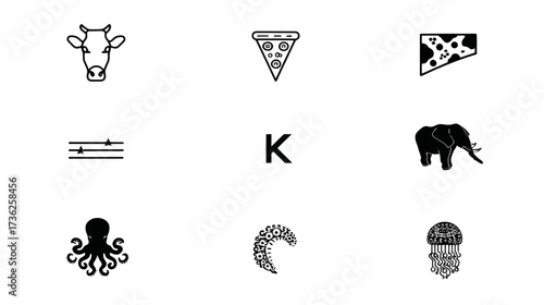 Diverse minimalist black and white icon set featuring animal silhouettes, food, geometric patterns, and abstract symbols vector collection.