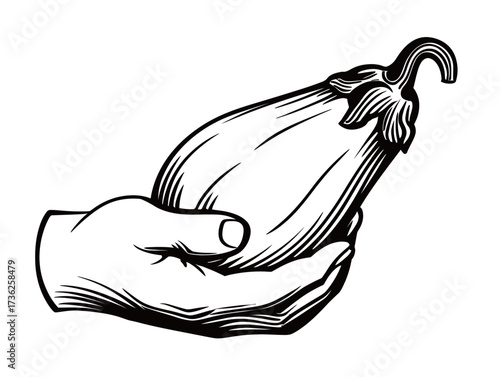 A hand gently holds a fresh eggplant, showcasing the smooth texture and rich color of the vegetable. This artwork highlights the beauty of natural produce.