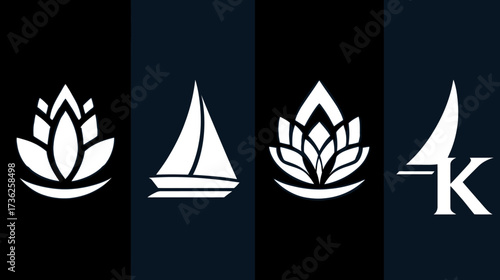 Modern vector icon set featuring spiritual lotus, nautical sailboat, and high-resolution 4K technology symbol