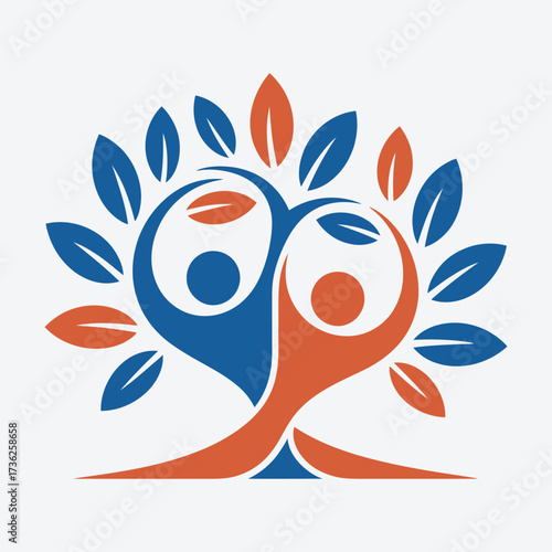 Vector art of two people forming a tree with blue and orange leaves, signifying cooperation and prosperity