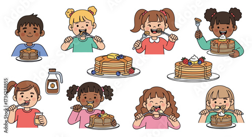 Diverse cartoon children happily eating delicious pancakes for breakfast.