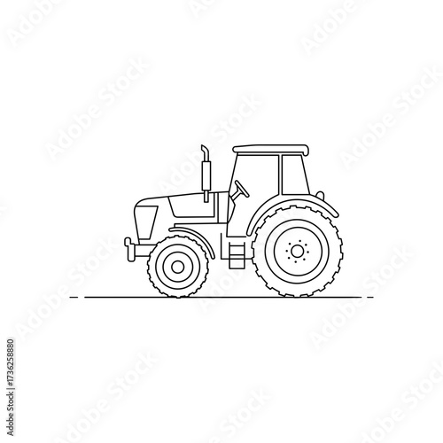 Tractor vector illustration in minimal linear style with large wheels and simple agricultural design for farming and countryside themes