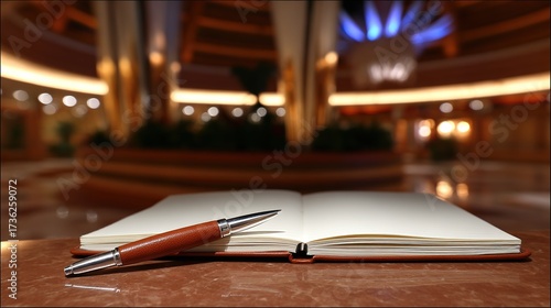guestbook. Open leather-bound guestbook on a counter with a fountain pen, classic and elegant. lifestyle magazines, social media lookbooks, designed for lifestyle magazines and social media content.