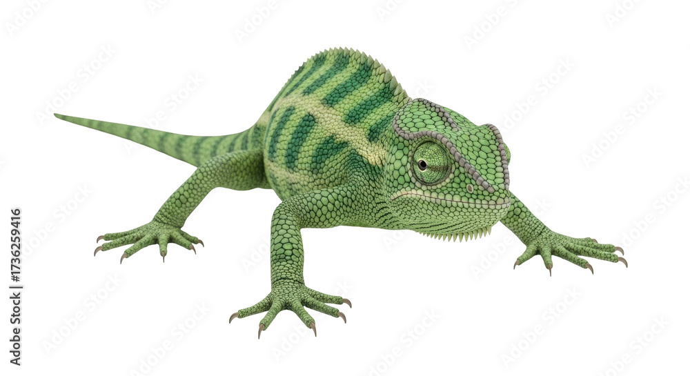 Fototapeta premium Isolated Chameleon with Striped Back Scales, Close-up Reptile, Green Skin Texture, Wildlife