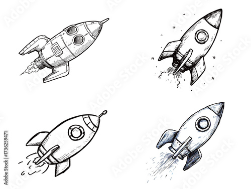 Multiple rocket designs are shown in a series of sketches, each illustrating unique features. The rockets are depicted launching into a starry sky, conveying motion.