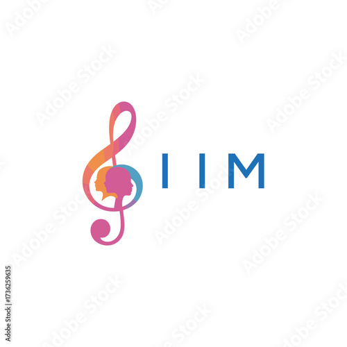 “Colorful music logo with human faces and treble clef design” IIM Later Logo, “Vibrant artistic treble clef with human profiles concept” 
