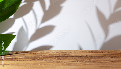 minimal, empty, rustic, brown, wooden, table, top, green, leaves, in, sunlight, leaf, shadow, on, bright, white, wall, for, natural, organic, cosmetic, skincare, beauty, product, background