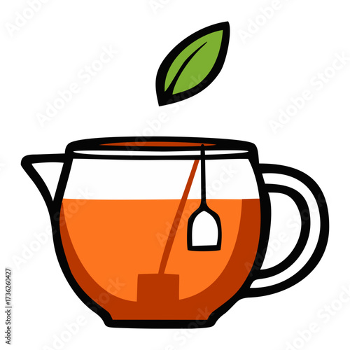 Opened transparent teapot with teabag illustration. Editable color vector