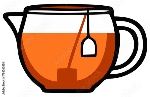 Opened transparent teapot with tea bag illustration. Editable color vector