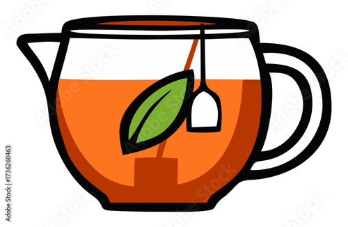 Opened transparent teapot with tea leaf and tea bag illustration. Editable color vector